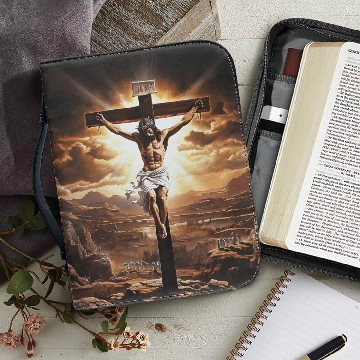 PU Bible Cover Case for Women Men - Jesus Christ Bag for Standard and Large Size Study, Book Case, Cross and Valley, XL