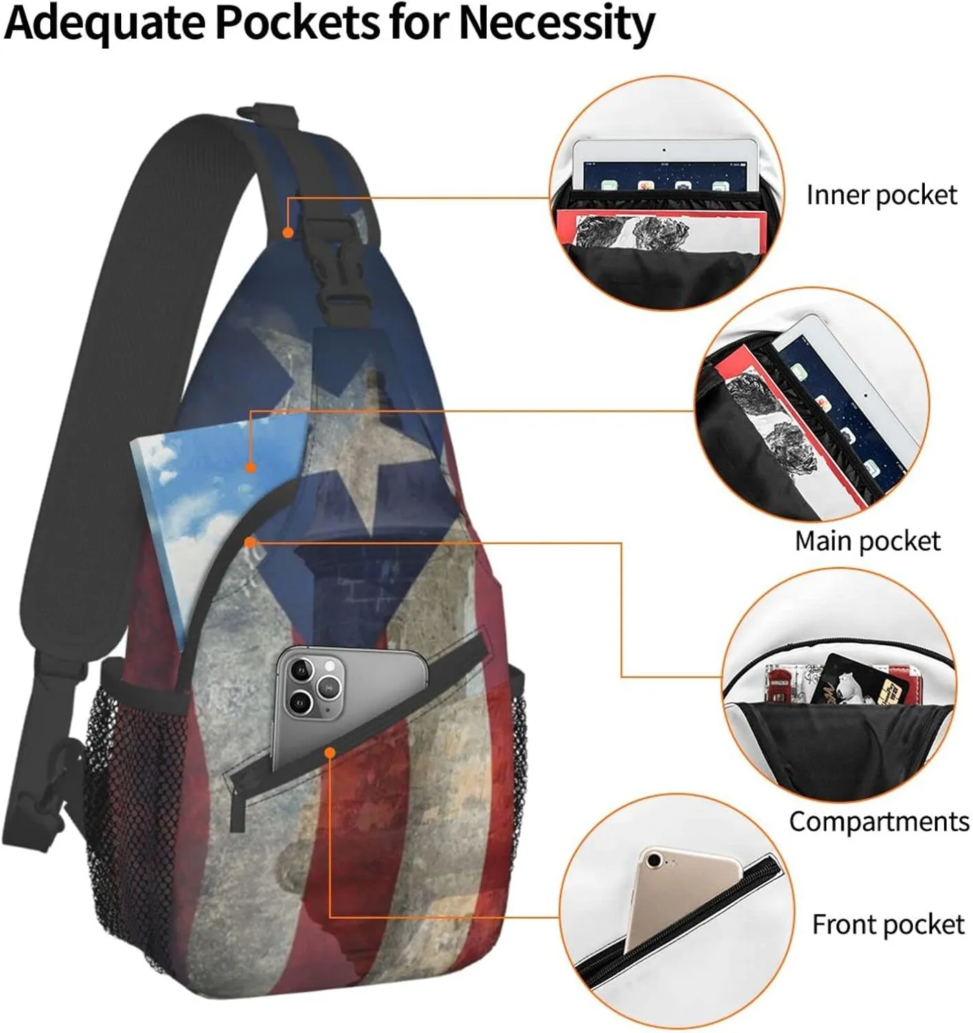 Puerto Rico Casual Daypack Bag Puerto Shoulder Bag Chest Bags Picnic Crossbody Bag Travel Hiking