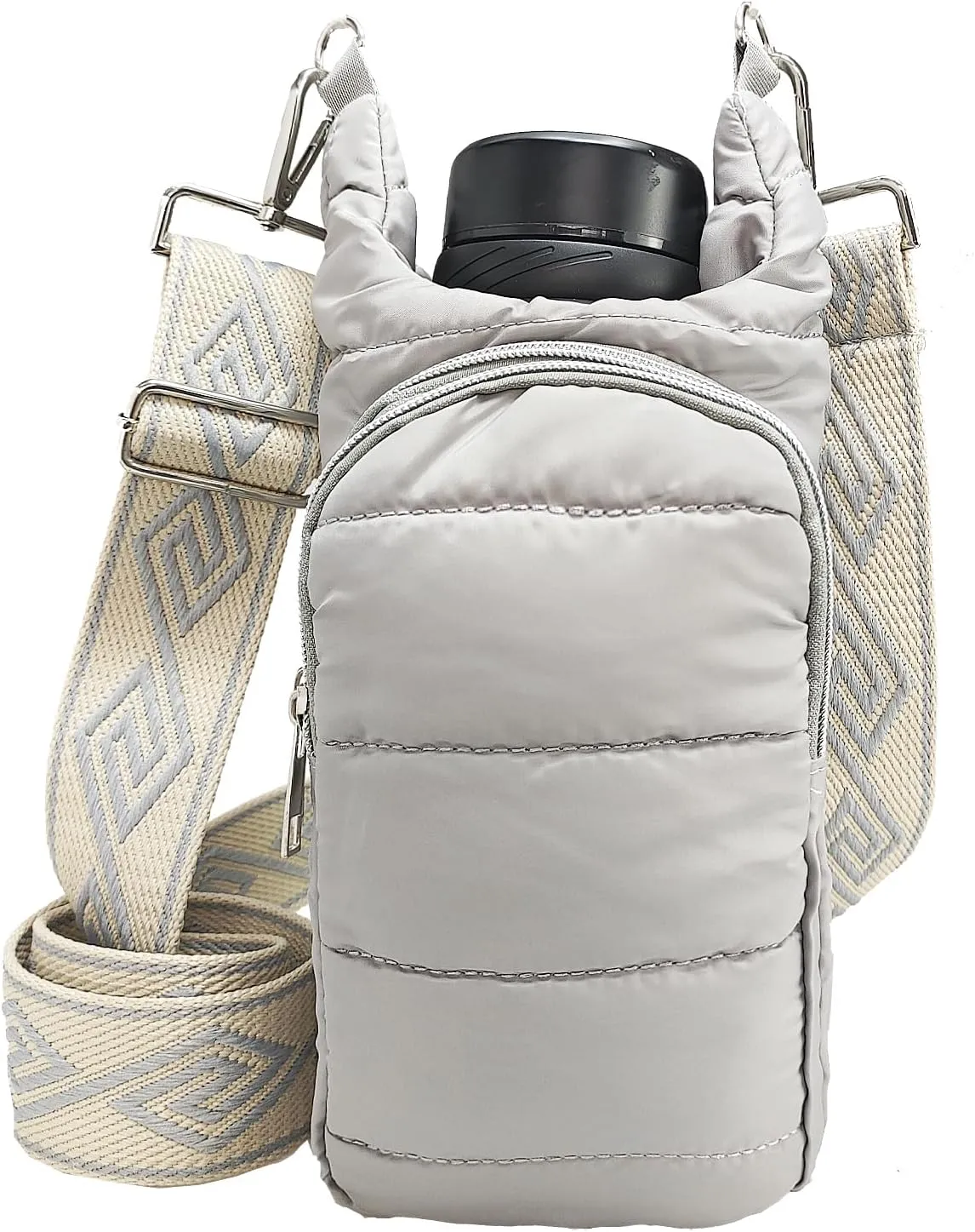 Puffer Water Bottle Holder Quilted Hydrobag Sports Pouch Bag with Adjustable Shoulder Strap Flask Sling Bag (Grey 2)
