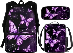 Purple Butterfly Backpack for Teen Girls With Lunch Box Kids School Bags Set Middle High School Bookbag Pencil Case Insulated Tote Lunchbag 16 Inch Back Packs Bookbags for 6th Grade Boys