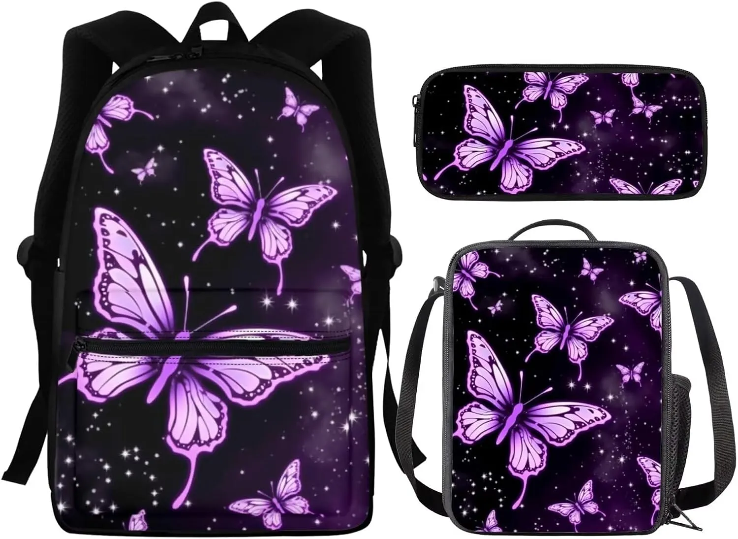 Purple Butterfly Backpack for Teen Girls With Lunch Box Kids School Bags Set Middle High School Bookbag Pencil Case Insulated Tote Lunchbag 16 Inch Back Packs Bookbags for 6th Grade Boys
