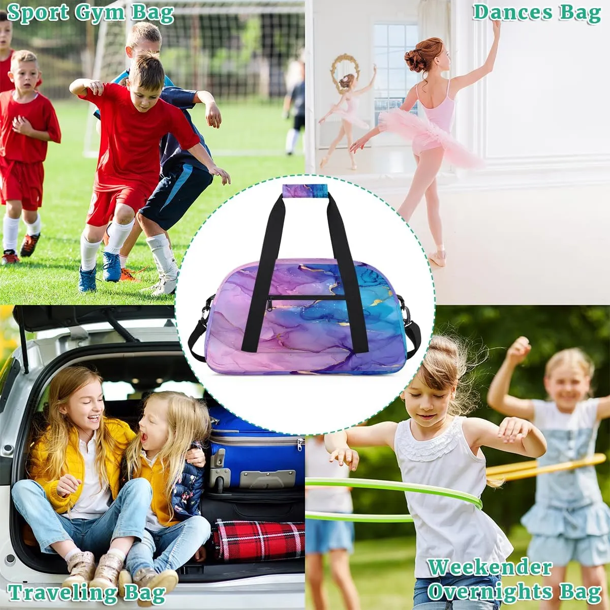 Purple Marble Kids Overnighter Duffel Bags for Boys, Carry-On Size Sports Gym Bag with Front Zipper Pocket for School Practice or Overnight Travel Weekender Sleepover Tote Bag
