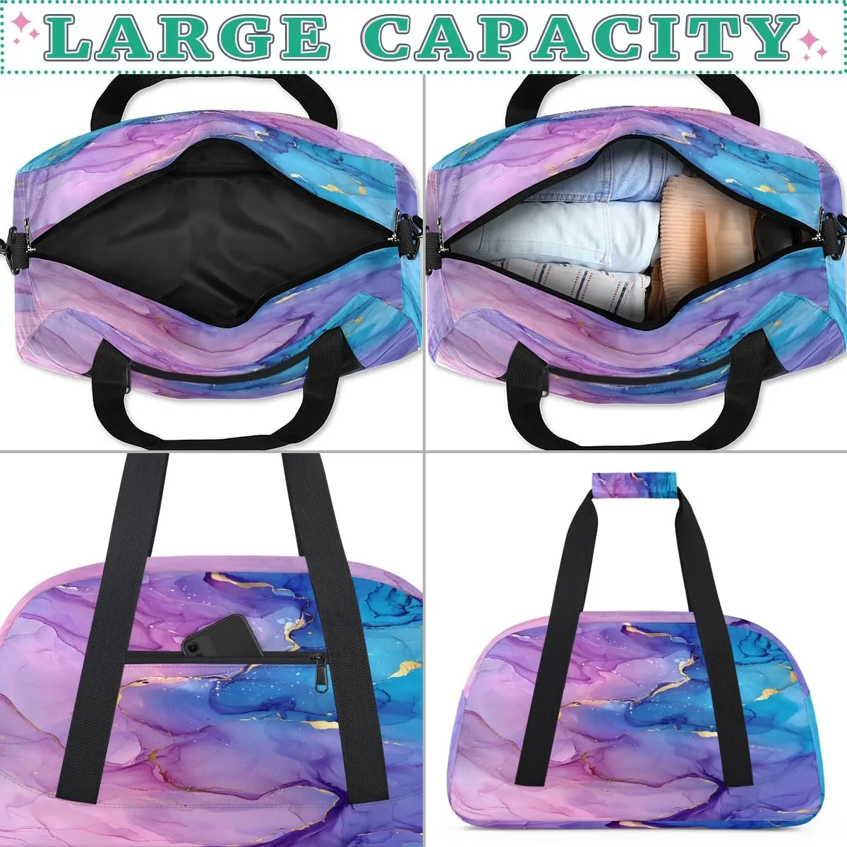 Purple Marble Kids Overnighter Duffel Bags for Boys, Carry-On Size Sports Gym Bag with Front Zipper Pocket for School Practice or Overnight Travel Weekender Sleepover Tote Bag