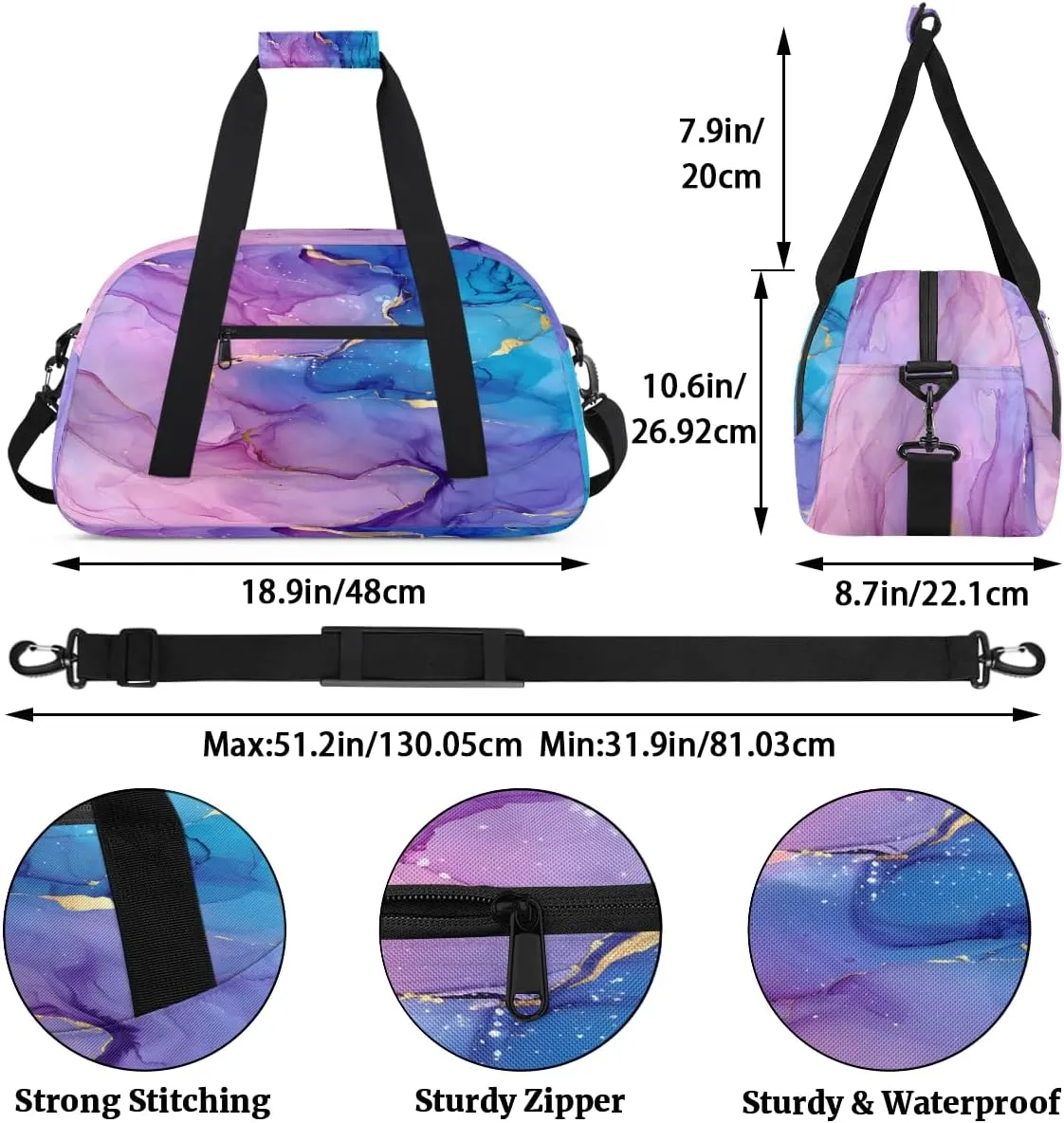 Purple Marble Kids Overnighter Duffel Bags for Boys, Carry-On Size Sports Gym Bag with Front Zipper Pocket for School Practice or Overnight Travel Weekender Sleepover Tote Bag