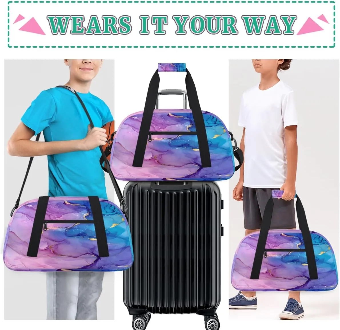 Purple Marble Kids Overnighter Duffel Bags for Boys, Carry-On Size Sports Gym Bag with Front Zipper Pocket for School Practice or Overnight Travel Weekender Sleepover Tote Bag