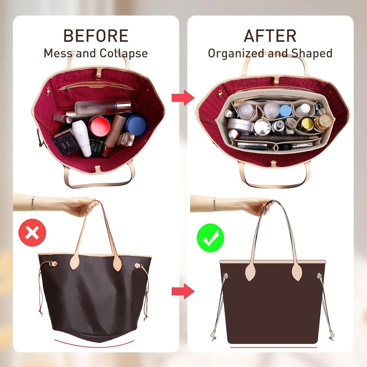 Purse Organizer Insert with Base Shaper Compatible with neverfull MM, C.oach City 33, G.oyard PM and More,Bag Organizer Insert for Luxury Bags,L/Rose