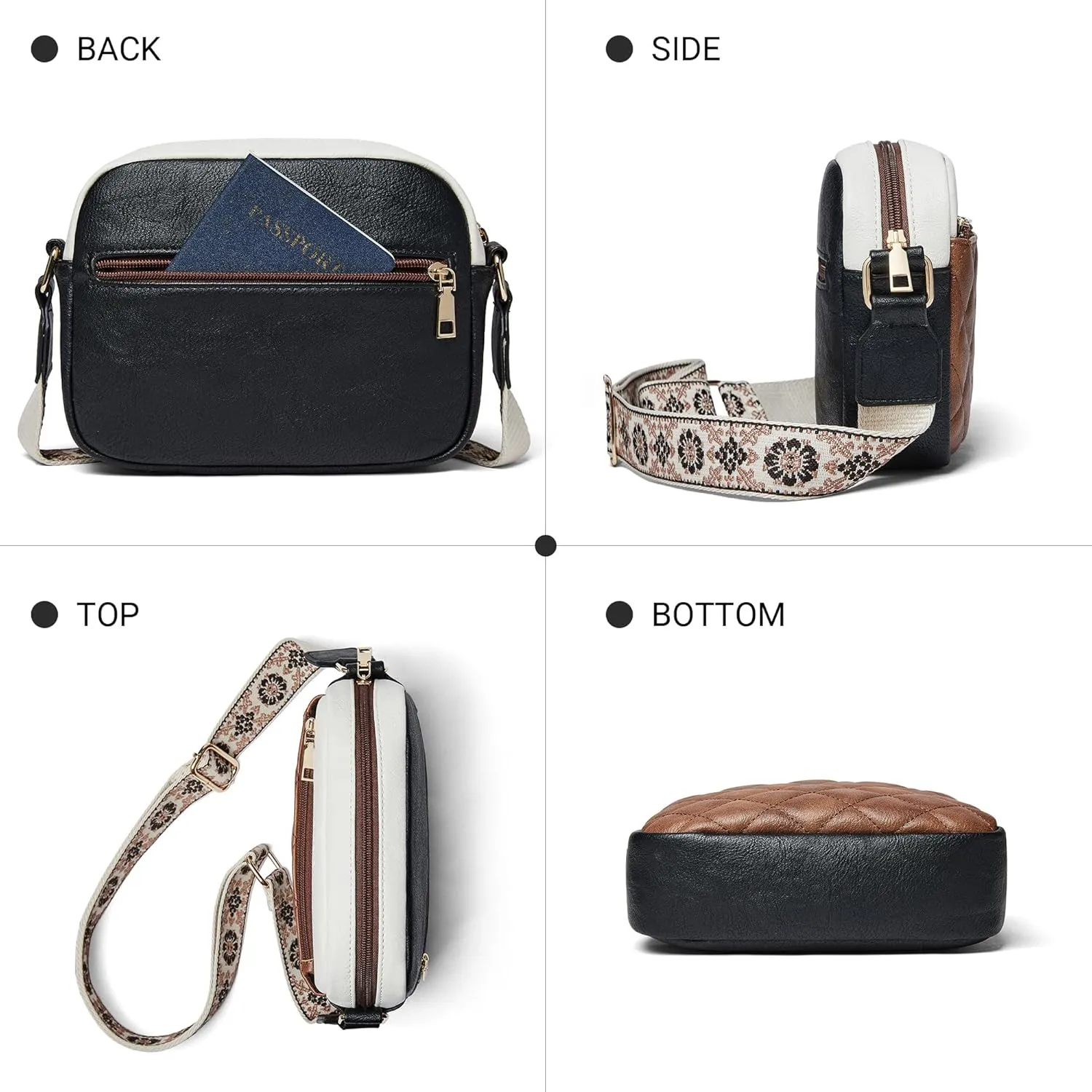 Quilted Crossbody Bags for Women 3-Pockets Crossbody Purses Vegan Leather Shoulder Handbags with Wide Strap