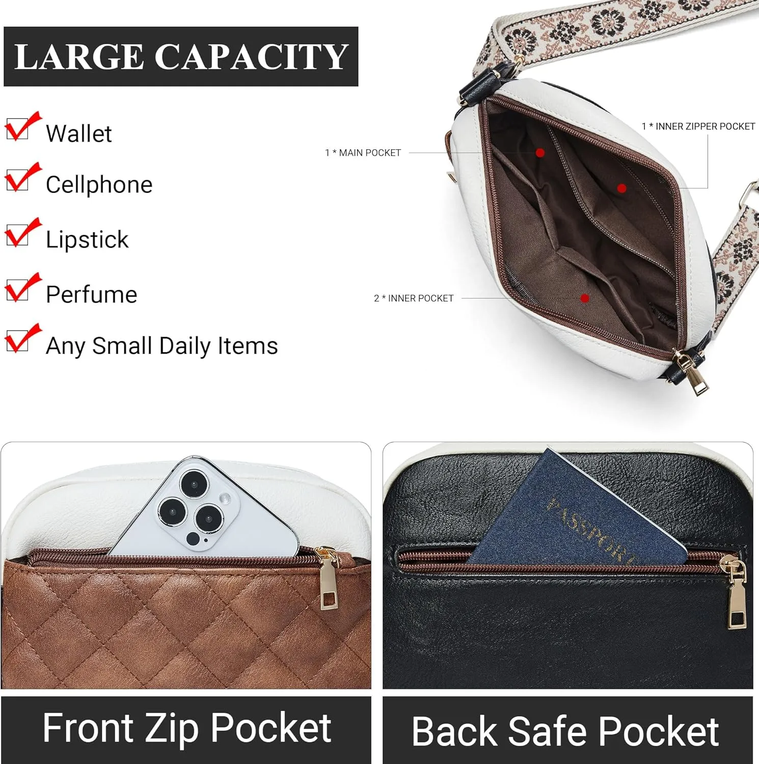 Quilted Crossbody Bags for Women 3-Pockets Crossbody Purses Vegan Leather Shoulder Handbags with Wide Strap