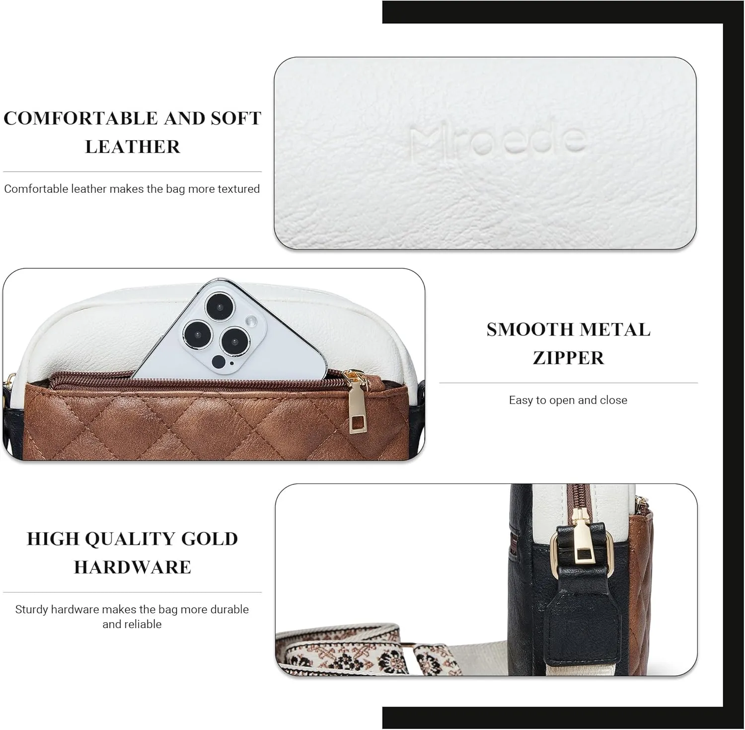 Quilted Crossbody Bags for Women 3-Pockets Crossbody Purses Vegan Leather Shoulder Handbags with Wide Strap