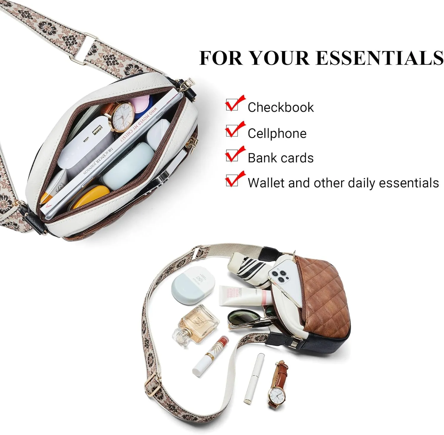 Quilted Crossbody Bags for Women 3-Pockets Crossbody Purses Vegan Leather Shoulder Handbags with Wide Strap