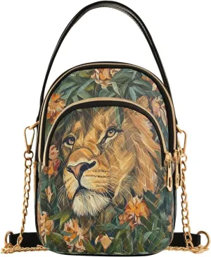 Quilted Crossbody Bags for Women Trendy, Lion in The Flower Bush Small Shoulder Handbags Leather Purse for Women Cross Body Purses