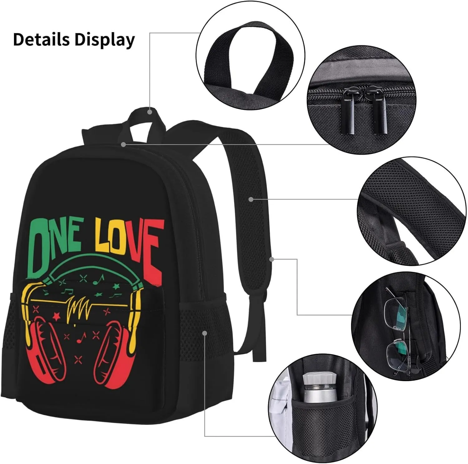 Rasta Reggae Headphones Music Headset Jamaican Multifunctional Pocket Backpack Crossbody Lunch Bag Pencil Case 3Pcs Set Large Capacity Backpack