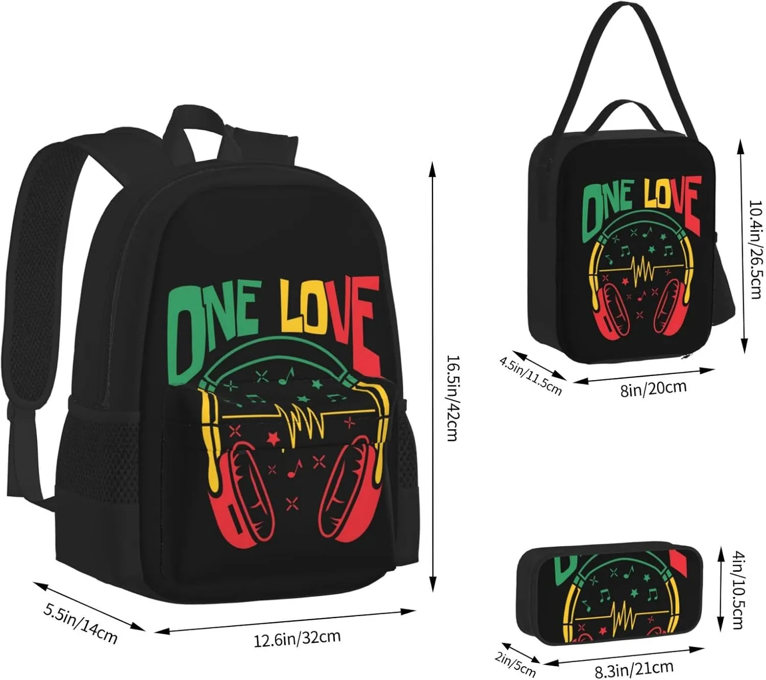 Rasta Reggae Headphones Music Headset Jamaican Multifunctional Pocket Backpack Crossbody Lunch Bag Pencil Case 3Pcs Set Large Capacity Backpack