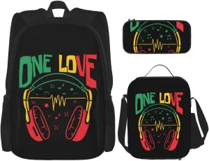 Rasta Reggae Headphones Music Headset Jamaican Multifunctional Pocket Backpack Crossbody Lunch Bag Pencil Case 3Pcs Set Large Capacity Backpack