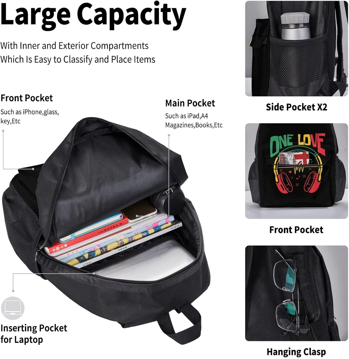 Rasta Reggae Headphones Music Headset Jamaican Multifunctional Pocket Backpack Crossbody Lunch Bag Pencil Case 3Pcs Set Large Capacity Backpack