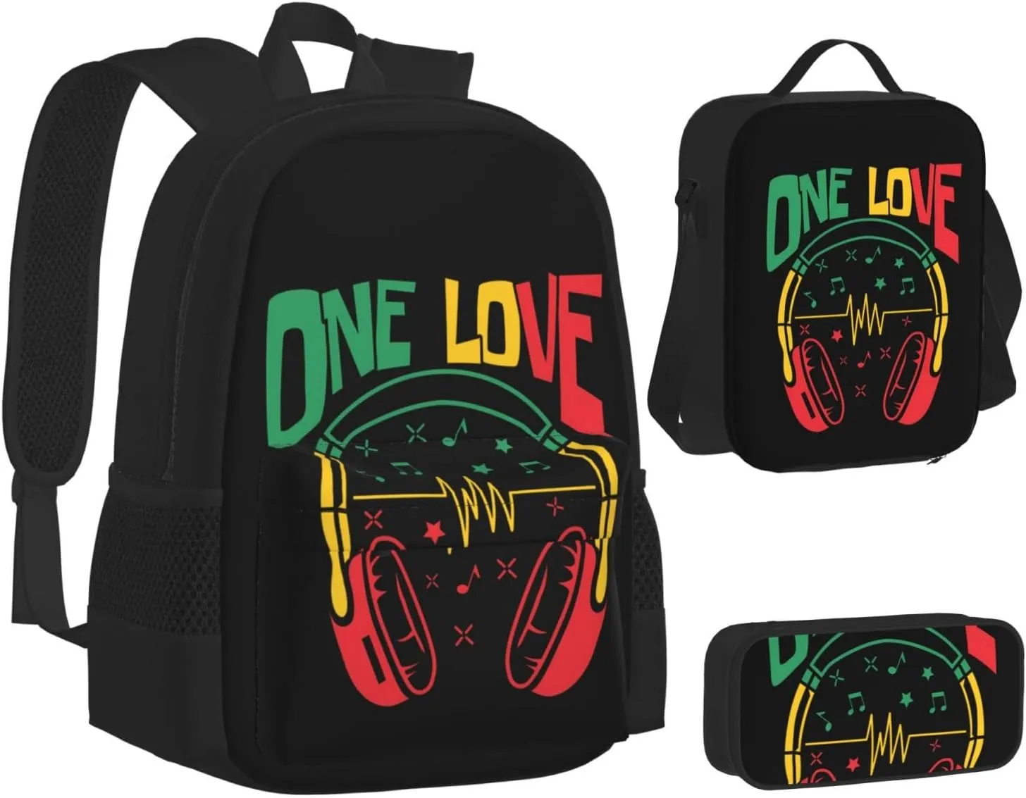 Rasta Reggae Headphones Music Headset Jamaican Multifunctional Pocket Backpack Crossbody Lunch Bag Pencil Case 3Pcs Set Large Capacity Backpack