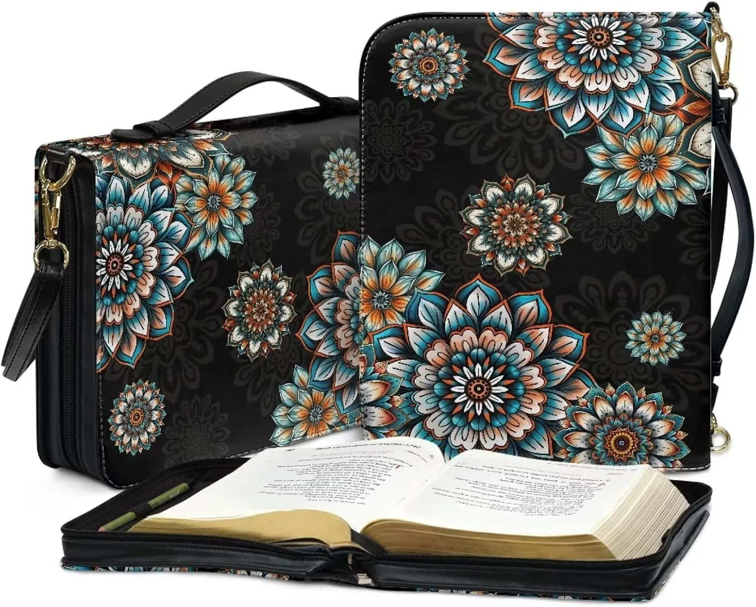 Rchsmod Boho Mandala Print Bible Cover for Women Men PU Leather Bible Bag Lightweight Bible Case with Handle Sturdy Bible Protector with Adjustable Strap Multifunctional Bible Accessories, M
