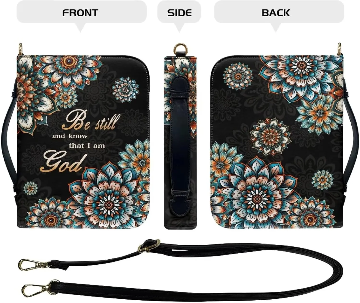 Rchsmod Boho Mandala Print Bible Cover for Women Men PU Leather Bible Bag Lightweight Bible Case with Handle Sturdy Bible Protector with Adjustable Strap Multifunctional Bible Accessories, M