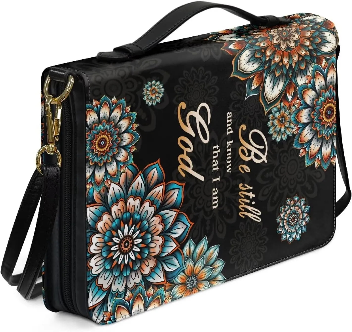Rchsmod Boho Mandala Print Bible Cover for Women Men PU Leather Bible Bag Lightweight Bible Case with Handle Sturdy Bible Protector with Adjustable Strap Multifunctional Bible Accessories, M