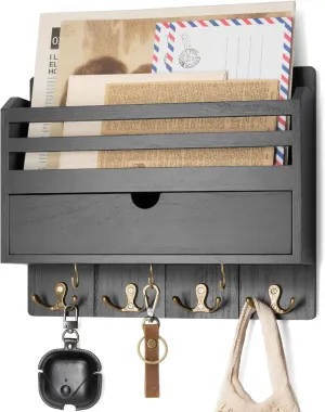 Rebee Vision Decorative Mail Organizer - Wood Key Holder Wall Mount with Storage Drawer and 7 Key Hooks - Home Decor for Organizing Your Entryway, Hallway, or Office (Black)