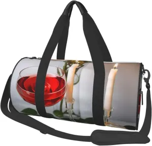 Red Rose Wine Glass and Candle Printed Travel Bag,Round Personal Item Storage bag,Foldie Duffel Bag for Traveling Vacation,Fitness,Sports