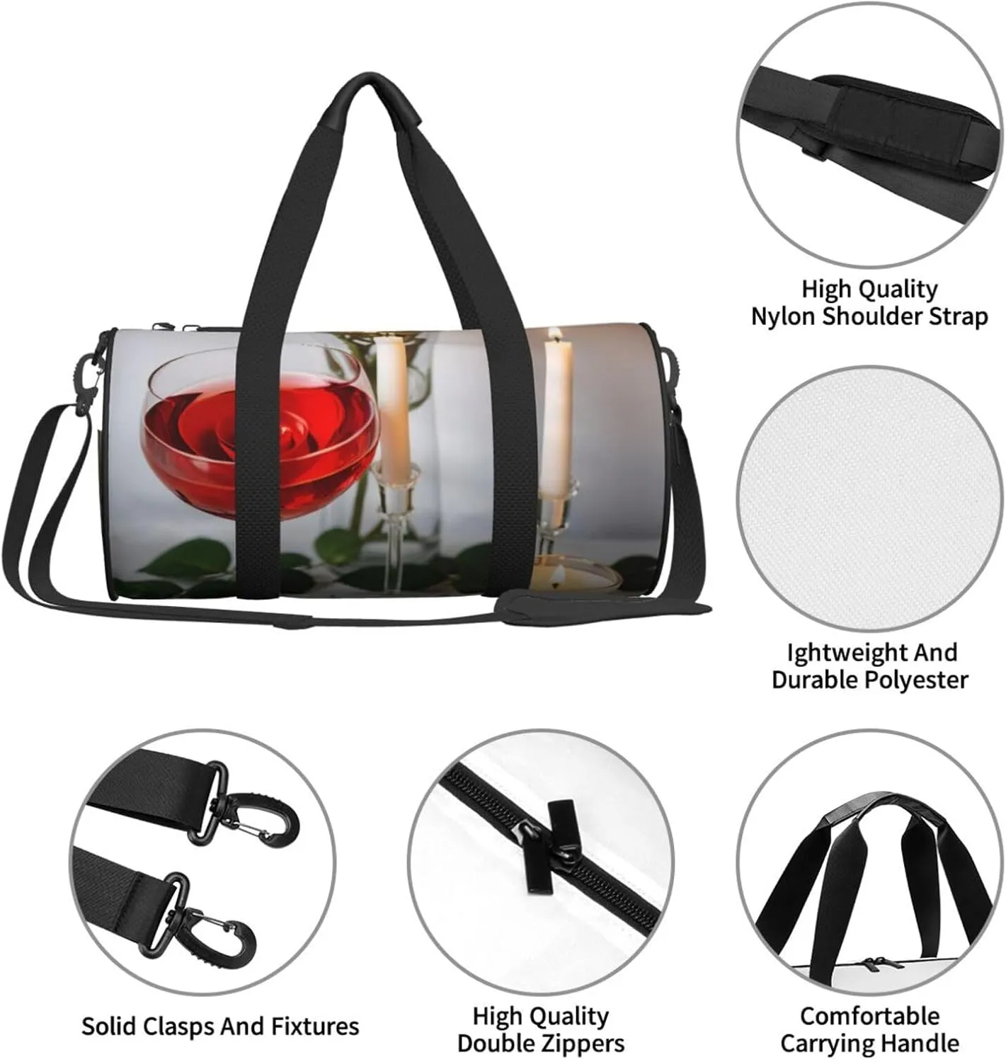 Red Rose Wine Glass and Candle Printed Travel Bag,Round Personal Item Storage bag,Foldie Duffel Bag for Traveling Vacation,Fitness,Sports