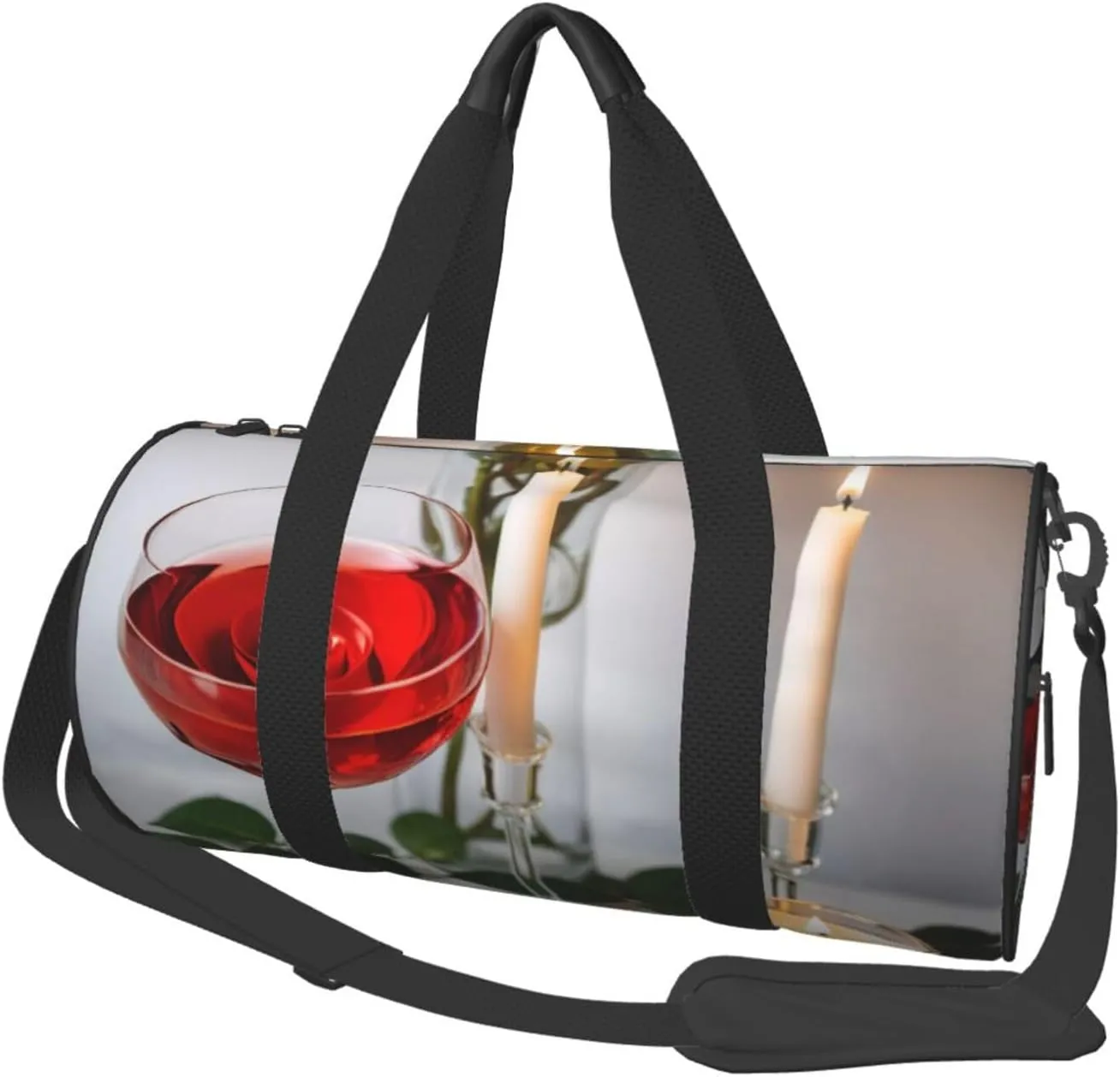 Red Rose Wine Glass and Candle Printed Travel Bag,Round Personal Item Storage bag,Foldie Duffel Bag for Traveling Vacation,Fitness,Sports