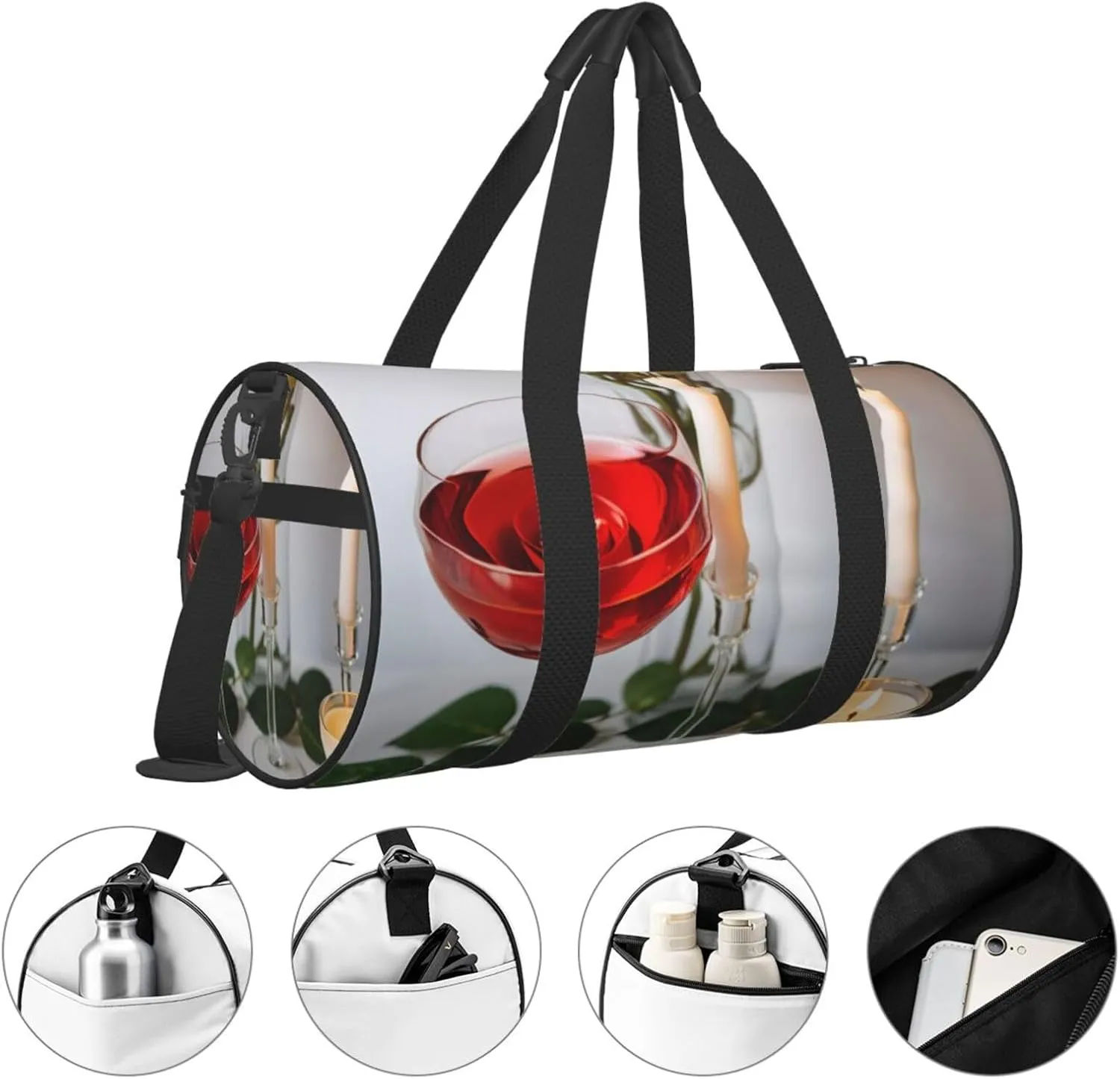 Red Rose Wine Glass and Candle Printed Travel Bag,Round Personal Item Storage bag,Foldie Duffel Bag for Traveling Vacation,Fitness,Sports