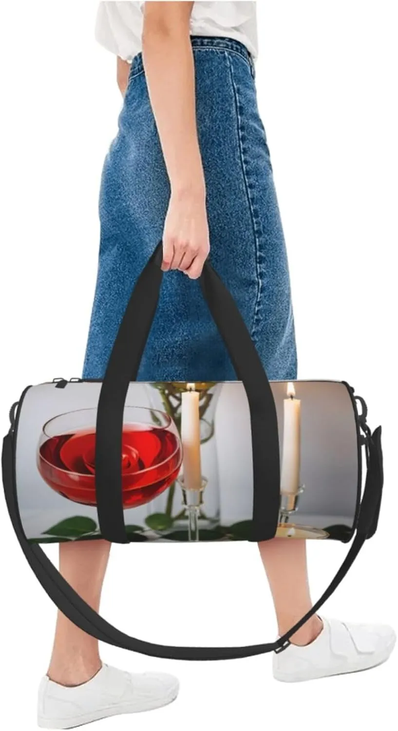 Red Rose Wine Glass and Candle Printed Travel Bag,Round Personal Item Storage bag,Foldie Duffel Bag for Traveling Vacation,Fitness,Sports