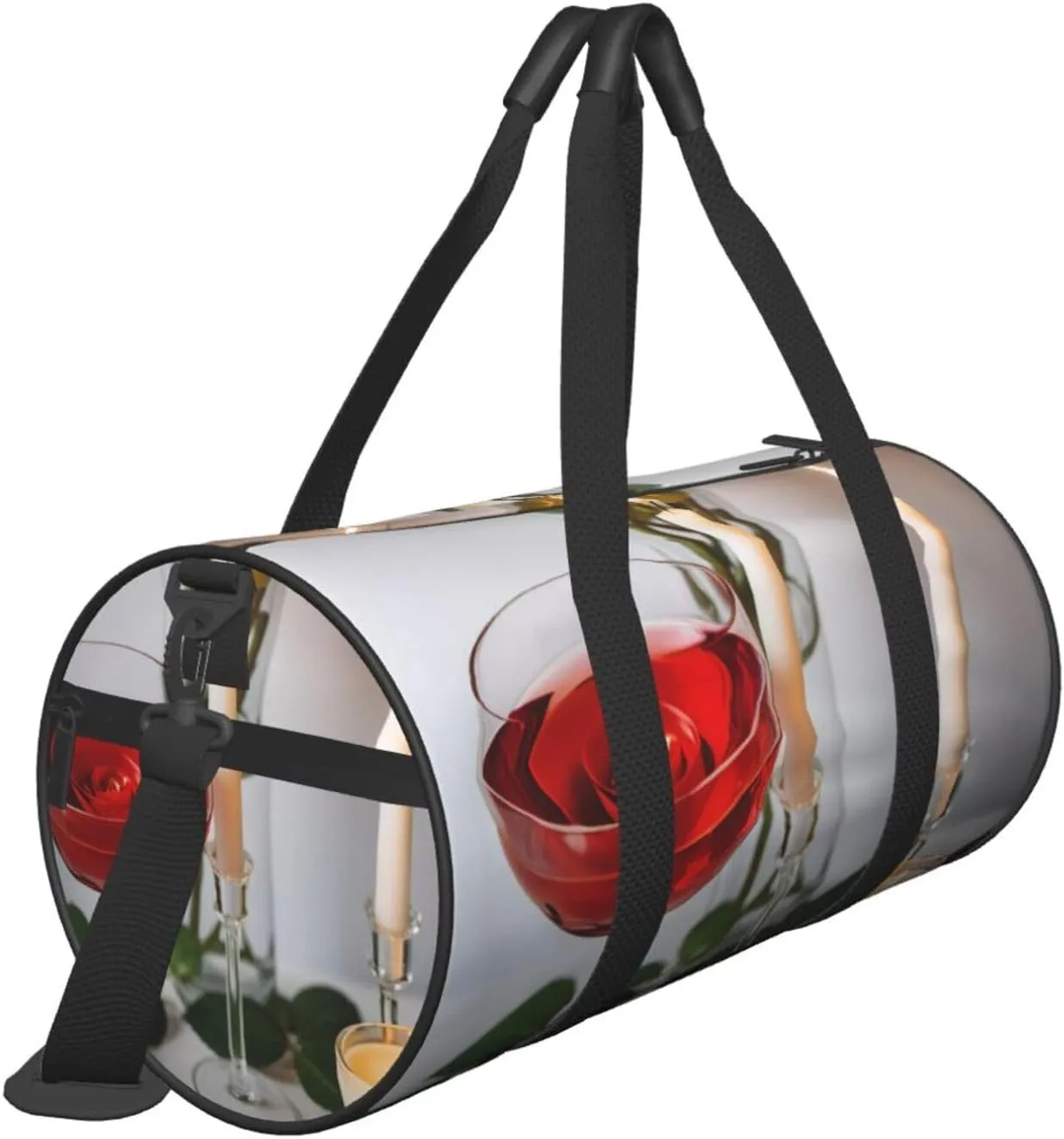 Red Rose Wine Glass and Candle Printed Travel Bag,Round Personal Item Storage bag,Foldie Duffel Bag for Traveling Vacation,Fitness,Sports