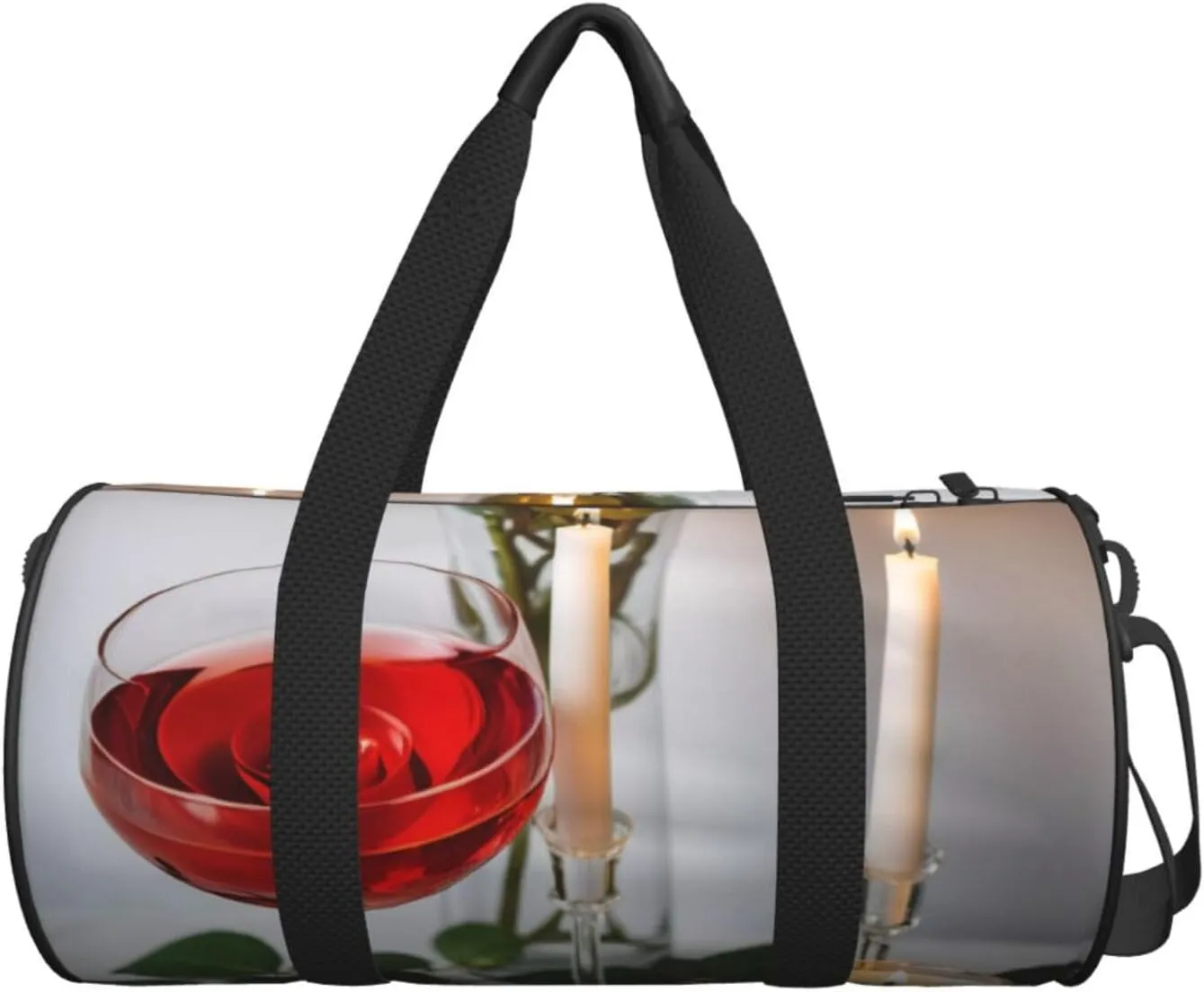 Red Rose Wine Glass and Candle Printed Travel Bag,Round Personal Item Storage bag,Foldie Duffel Bag for Traveling Vacation,Fitness,Sports