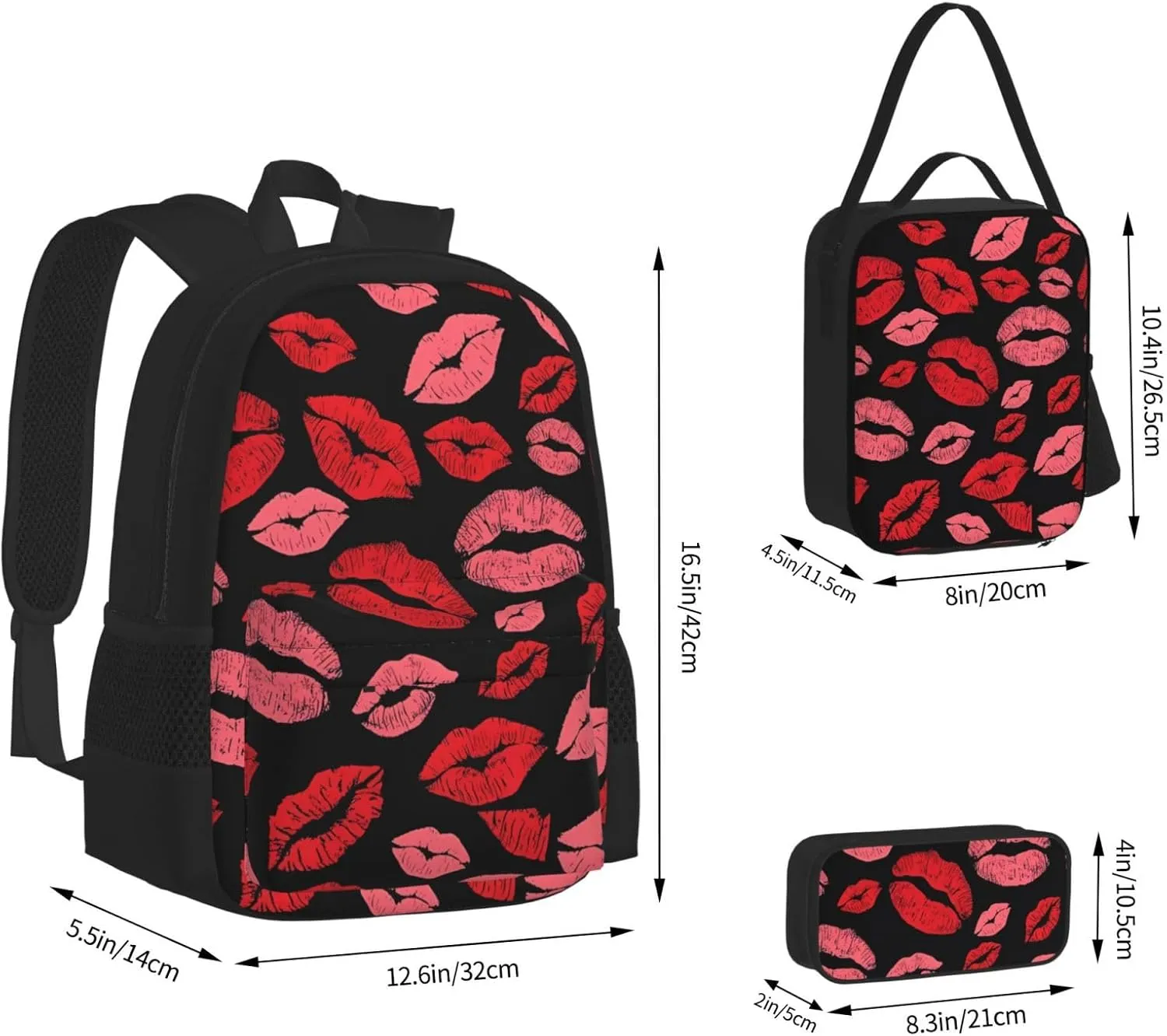 Red Valentines Lips Multifunctional Pocket Backpack Crossbody Lunch Bag Pencil Case 3Pcs Set Large Capacity Backpack