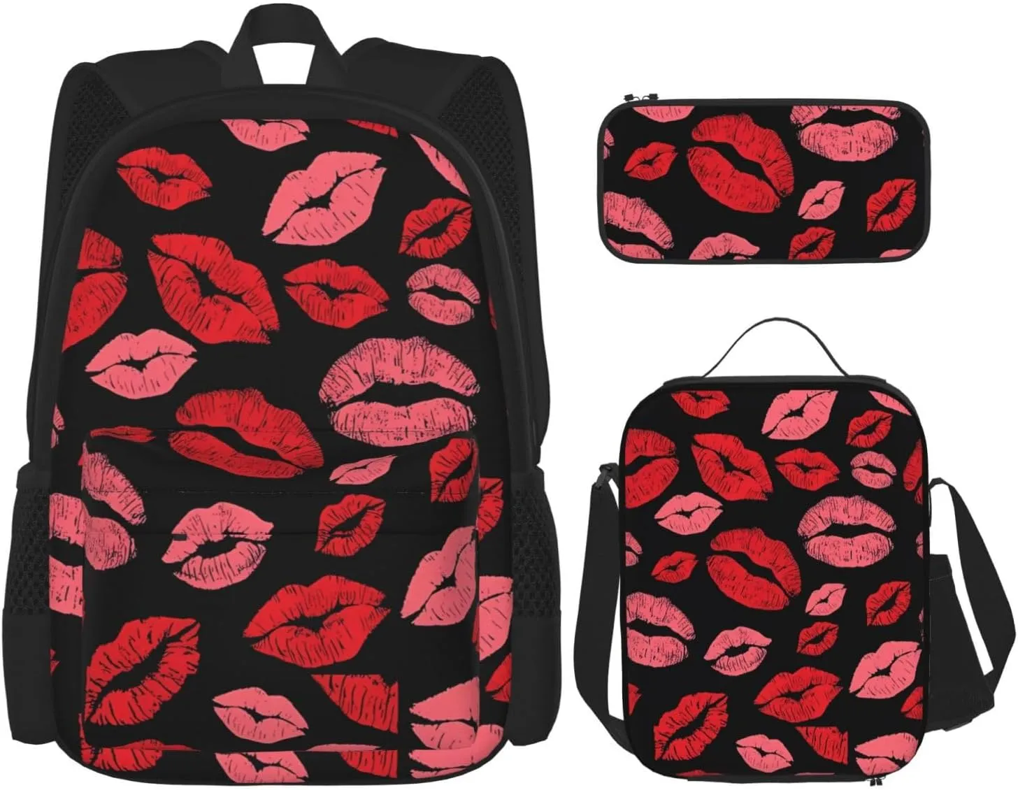 Red Valentines Lips Multifunctional Pocket Backpack Crossbody Lunch Bag Pencil Case 3Pcs Set Large Capacity Backpack