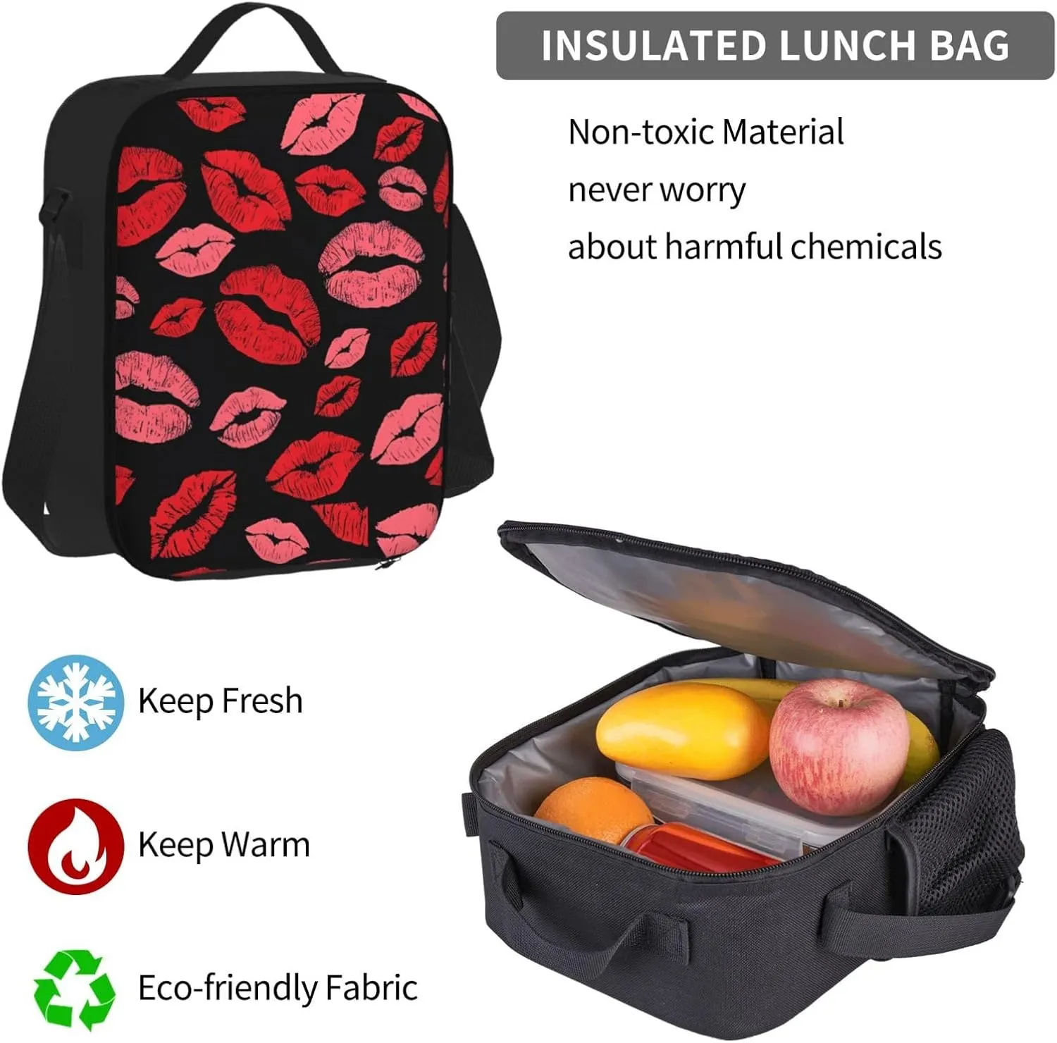 Red Valentines Lips Multifunctional Pocket Backpack Crossbody Lunch Bag Pencil Case 3Pcs Set Large Capacity Backpack