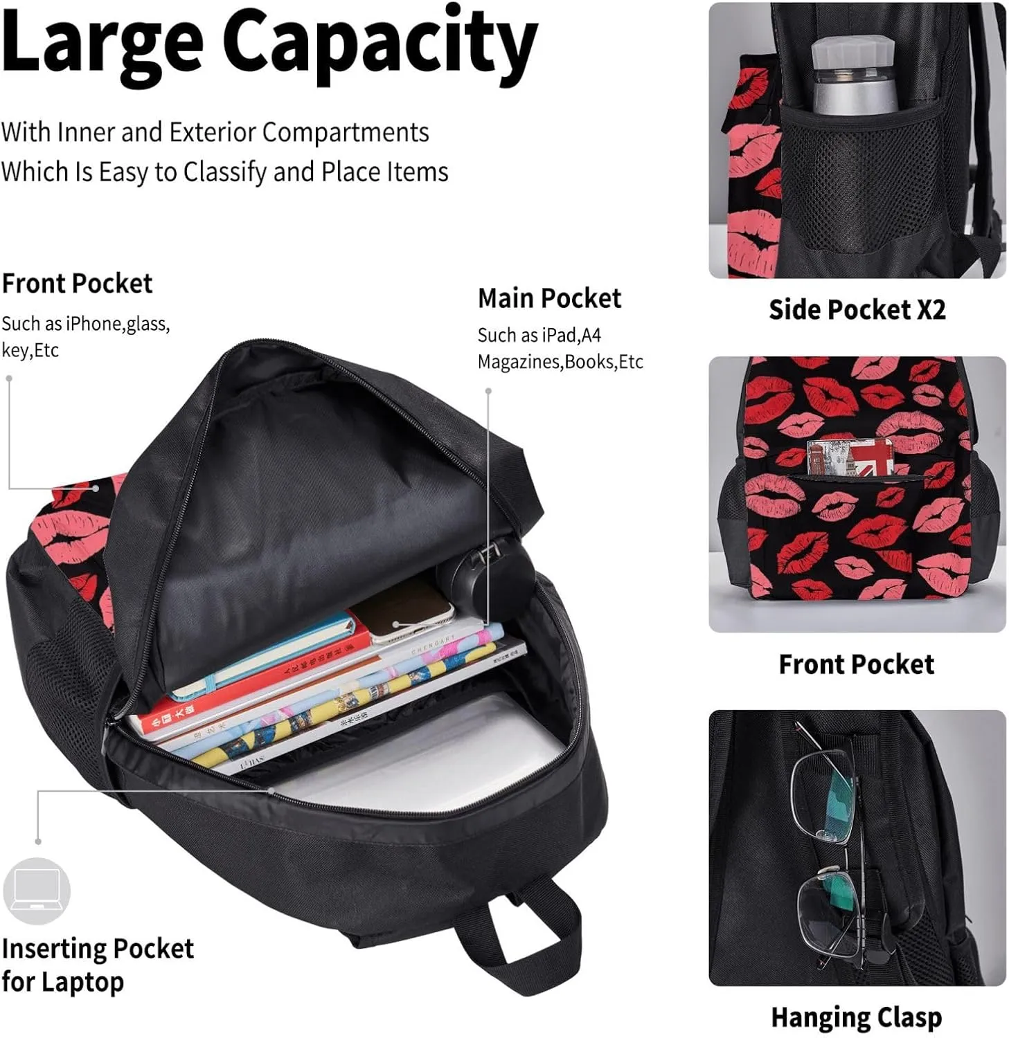 Red Valentines Lips Multifunctional Pocket Backpack Crossbody Lunch Bag Pencil Case 3Pcs Set Large Capacity Backpack
