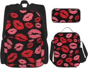 Red Valentines Lips Multifunctional Pocket Backpack Crossbody Lunch Bag Pencil Case 3Pcs Set Large Capacity Backpack