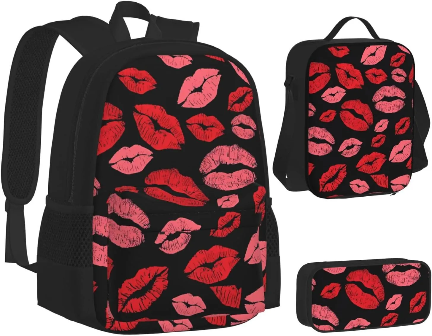 Red Valentines Lips Multifunctional Pocket Backpack Crossbody Lunch Bag Pencil Case 3Pcs Set Large Capacity Backpack
