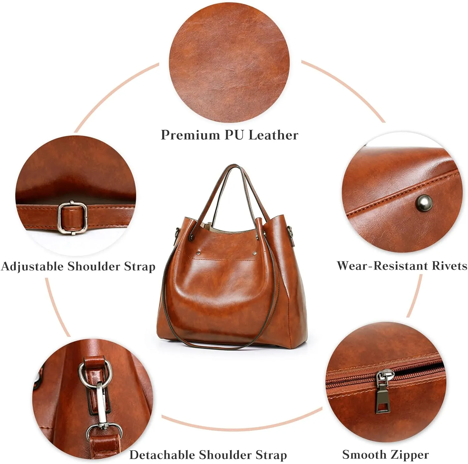 Retro Bucket Tote Bag Women Handbag 4 Pcs Set Shoulder Cross-Body Bag Ladies Waterproof PU Leather