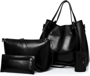 Retro Bucket Tote Bag Women Handbag 4 Pcs Set Shoulder Cross-Body Bag Ladies Waterproof PU Leather