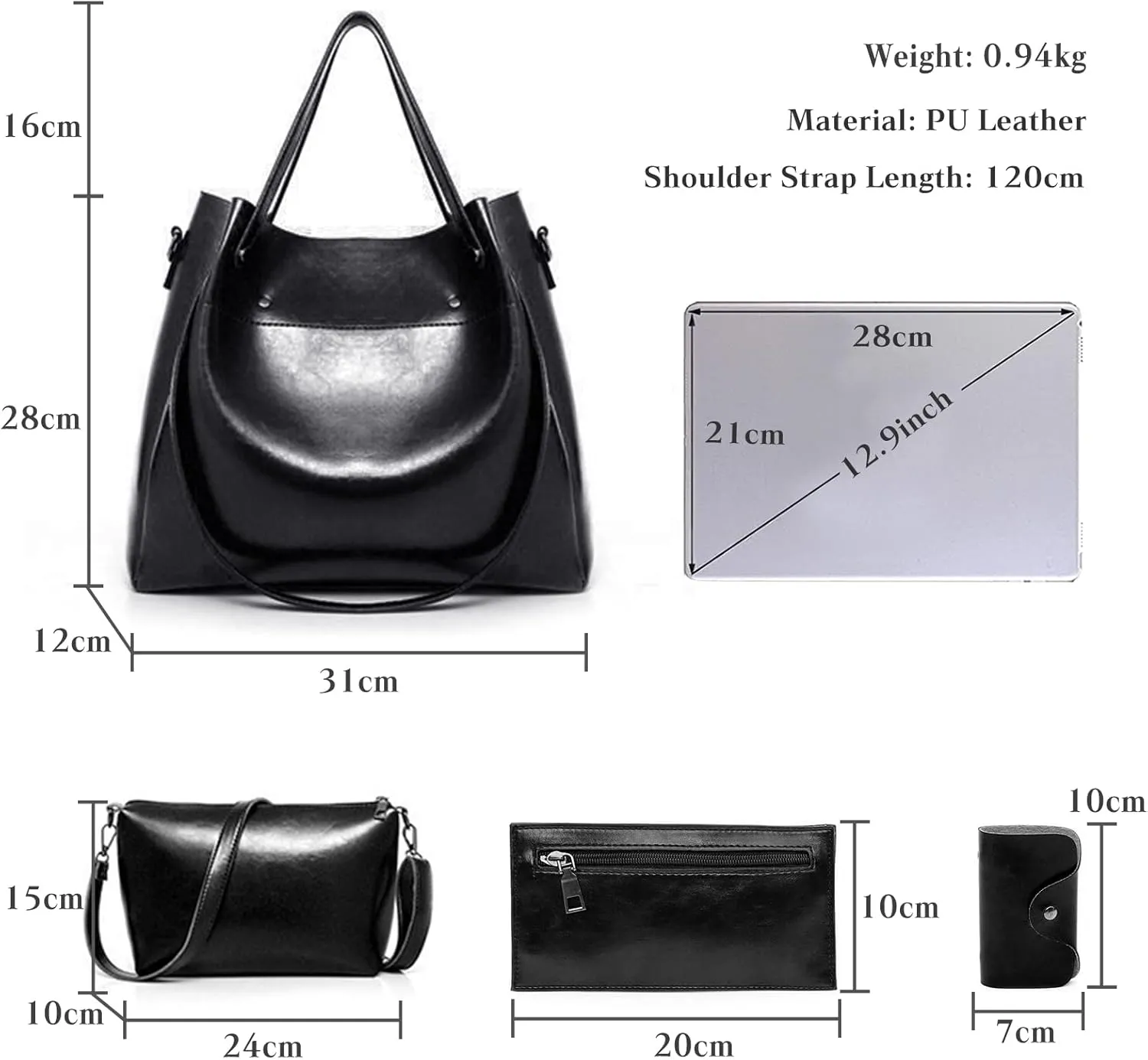 Retro Bucket Tote Bag Women Handbag 4 Pcs Set Shoulder Cross-Body Bag Ladies Waterproof PU Leather