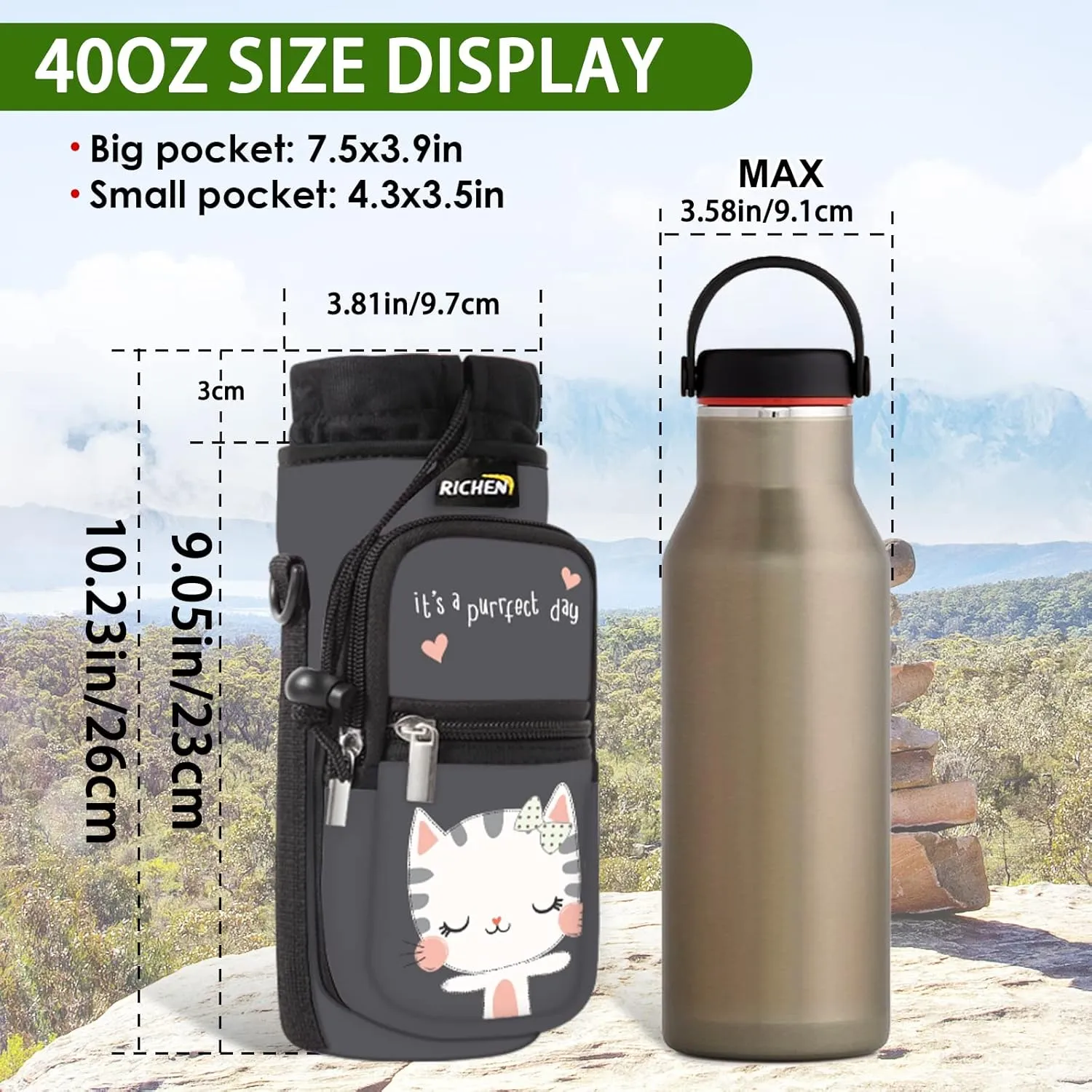 RICHEN Neoprene Water Bottle Carrier Bag 25/32/40/64 oz, Bottle Pouch Holder with Adjustable Padded Shoulder & Handle Strap and Front Pockets for Men/Women Hiking Travelling Camping