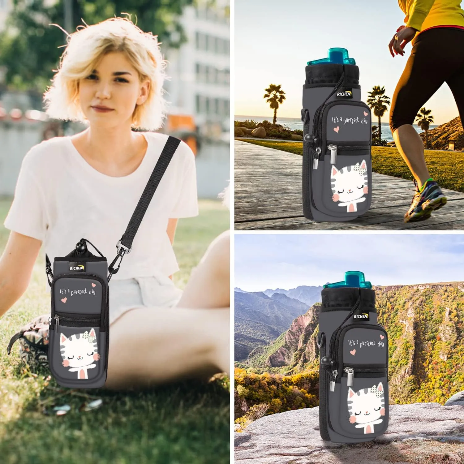 RICHEN Neoprene Water Bottle Carrier Bag 25/32/40/64 oz, Bottle Pouch Holder with Adjustable Padded Shoulder & Handle Strap and Front Pockets for Men/Women Hiking Travelling Camping
