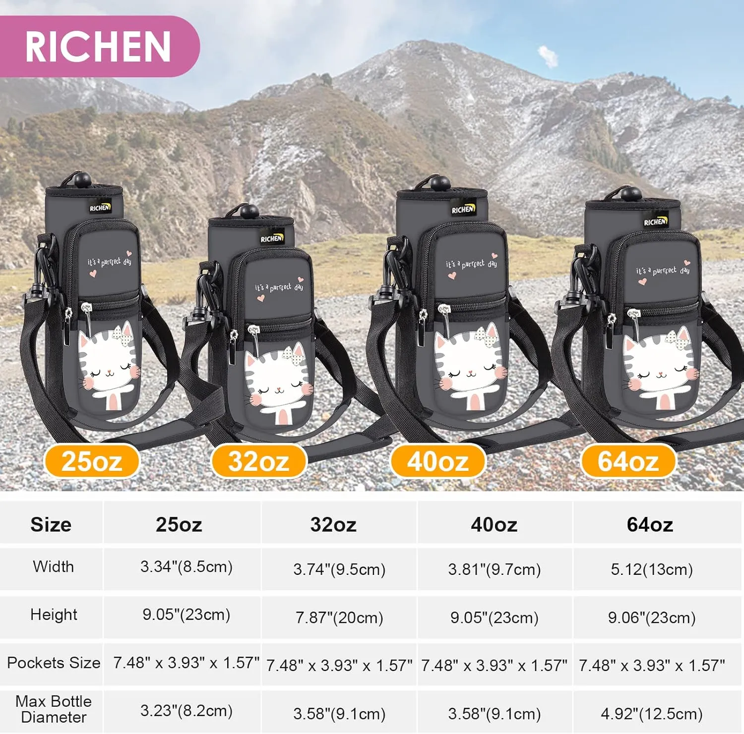 RICHEN Neoprene Water Bottle Carrier Bag 25/32/40/64 oz, Bottle Pouch Holder with Adjustable Padded Shoulder & Handle Strap and Front Pockets for Men/Women Hiking Travelling Camping