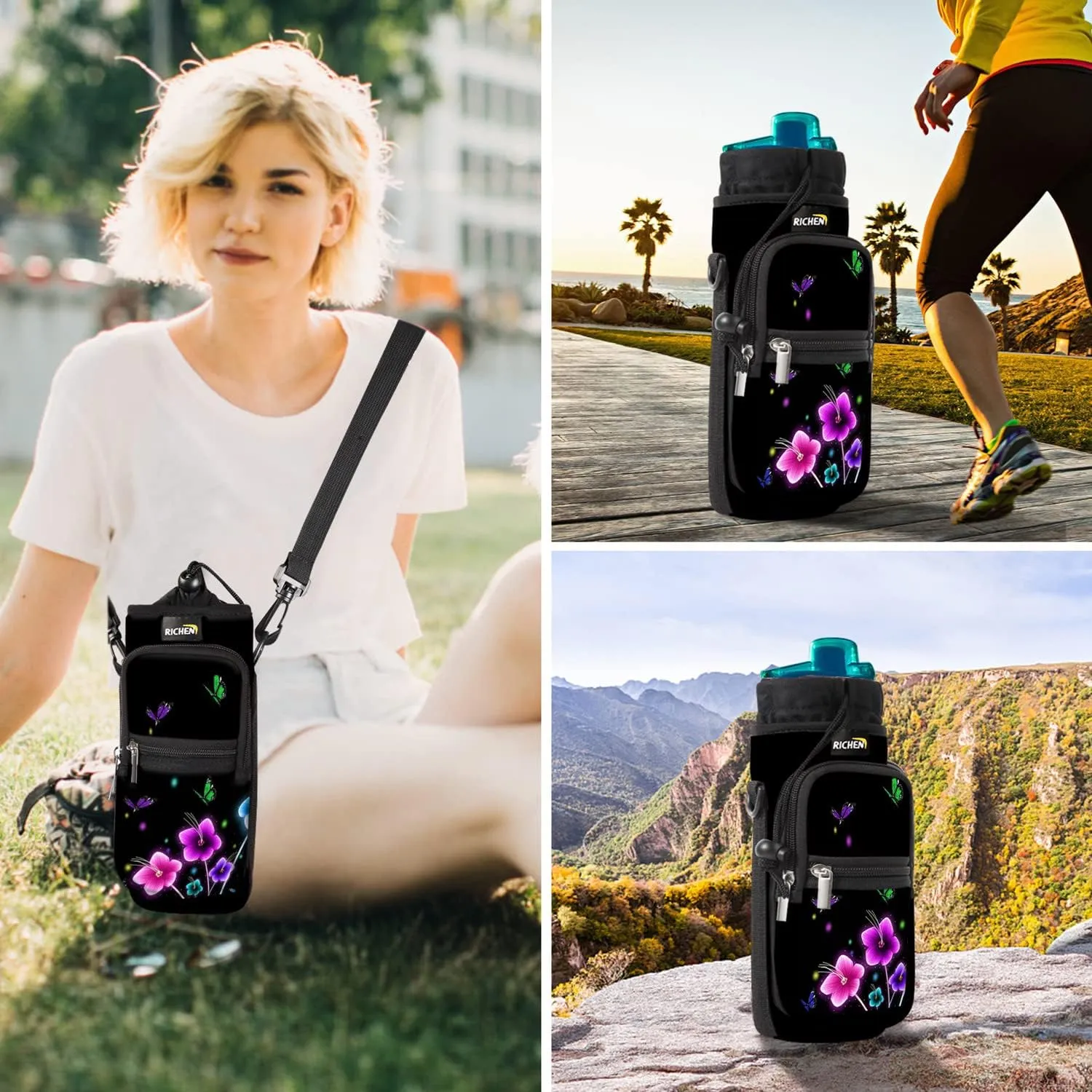 RICHEN Neoprene Water Bottle Carrier Bag 25/32/40/64 oz, Bottle Pouch Holder with Adjustable Padded Shoulder & Handle Strap and Front Pockets for Men/Women Hiking Travelling Camping