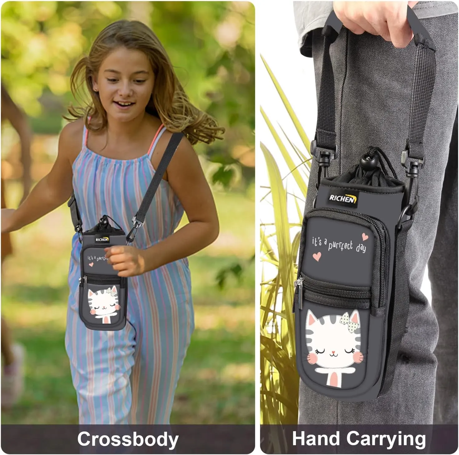 RICHEN Neoprene Water Bottle Carrier Bag 25/32/40/64 oz, Bottle Pouch Holder with Adjustable Padded Shoulder & Handle Strap and Front Pockets for Men/Women Hiking Travelling Camping