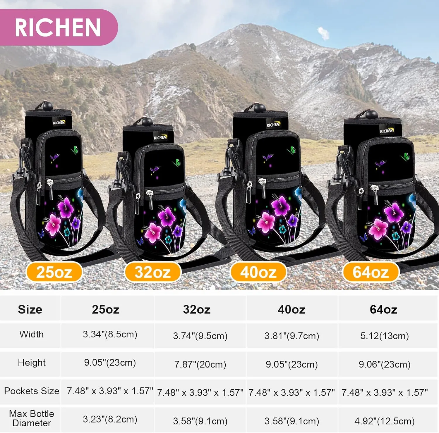 RICHEN Neoprene Water Bottle Carrier Bag 25/32/40/64 oz, Bottle Pouch Holder with Adjustable Padded Shoulder & Handle Strap and Front Pockets for Men/Women Hiking Travelling Camping