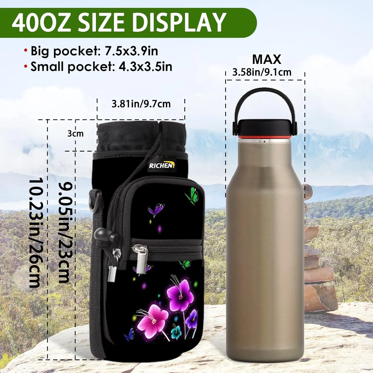 RICHEN Neoprene Water Bottle Carrier Bag 25/32/40/64 oz, Bottle Pouch Holder with Adjustable Padded Shoulder & Handle Strap and Front Pockets for Men/Women Hiking Travelling Camping