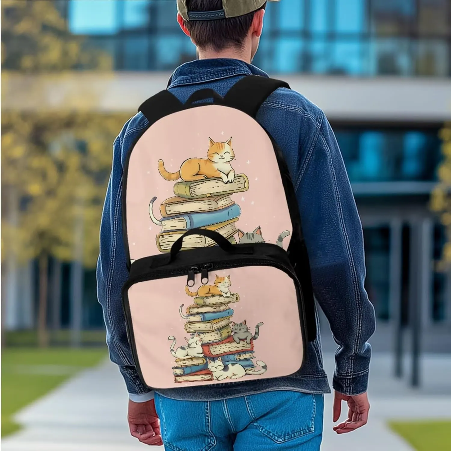 Rnyleeg Book Cat Backpack for Girls with Lunchbox Pink School Backpack for Girls 6-8 10-12 17 Inch Bookbag Set 3 in 1 for Elementary School Cute Daypack with Accessories