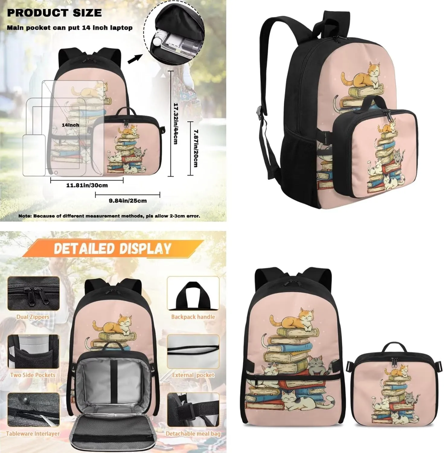 Rnyleeg Book Cat Backpack for Girls with Lunchbox Pink School Backpack for Girls 6-8 10-12 17 Inch Bookbag Set 3 in 1 for Elementary School Cute Daypack with Accessories