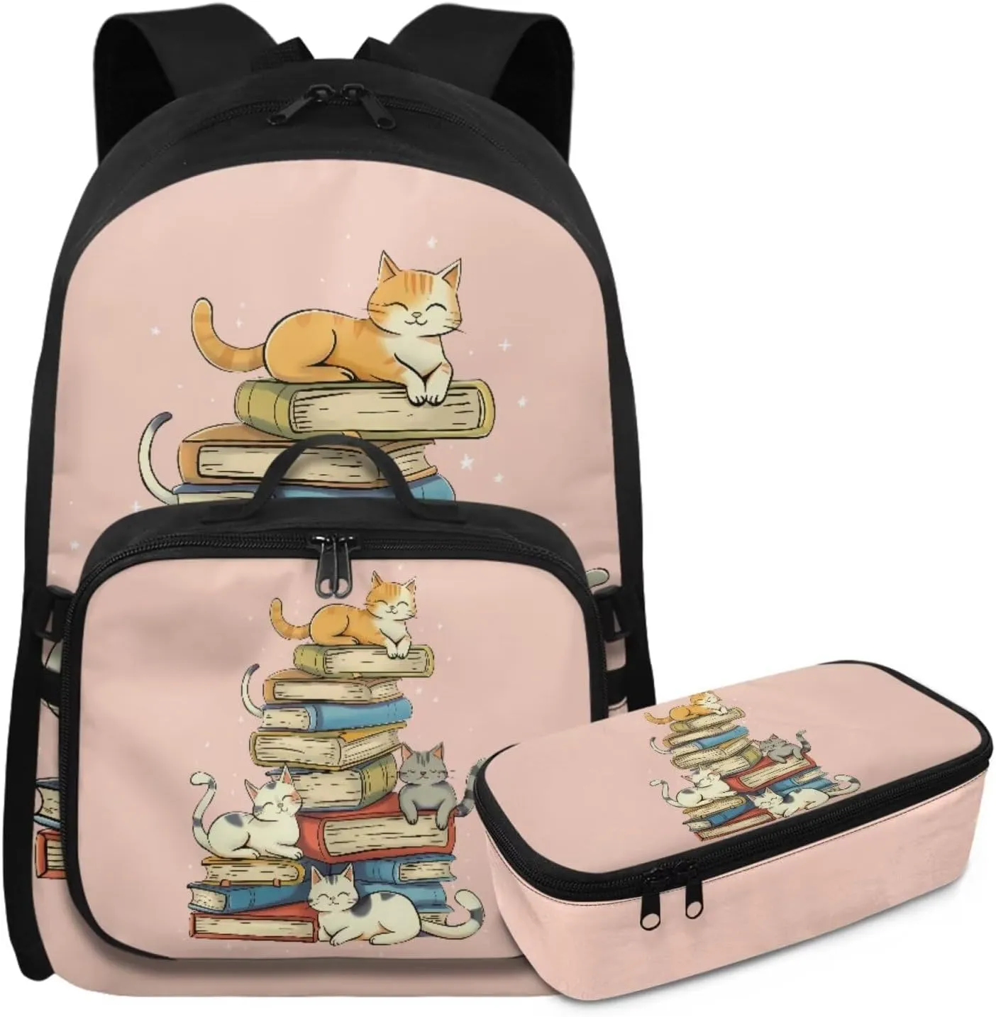 Rnyleeg Book Cat Backpack for Girls with Lunchbox Pink School Backpack for Girls 6-8 10-12 17 Inch Bookbag Set 3 in 1 for Elementary School Cute Daypack with Accessories